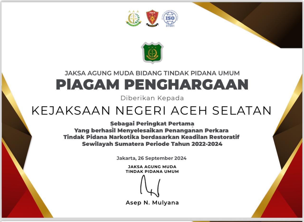 Kejari Aceh Selatan Dapat Peringkat Pertama Nasional, Pj. Bupati Aceh Selatan : Kami Mendukung Penuh Pemberantasan Penyalahgunaan Narkotika