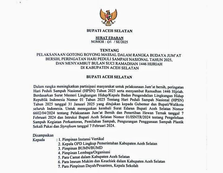 Sambut HPSN dan Ramadan 1446 H, Bupati Aceh Selatan Keluarkan Surat Edaran Perdana